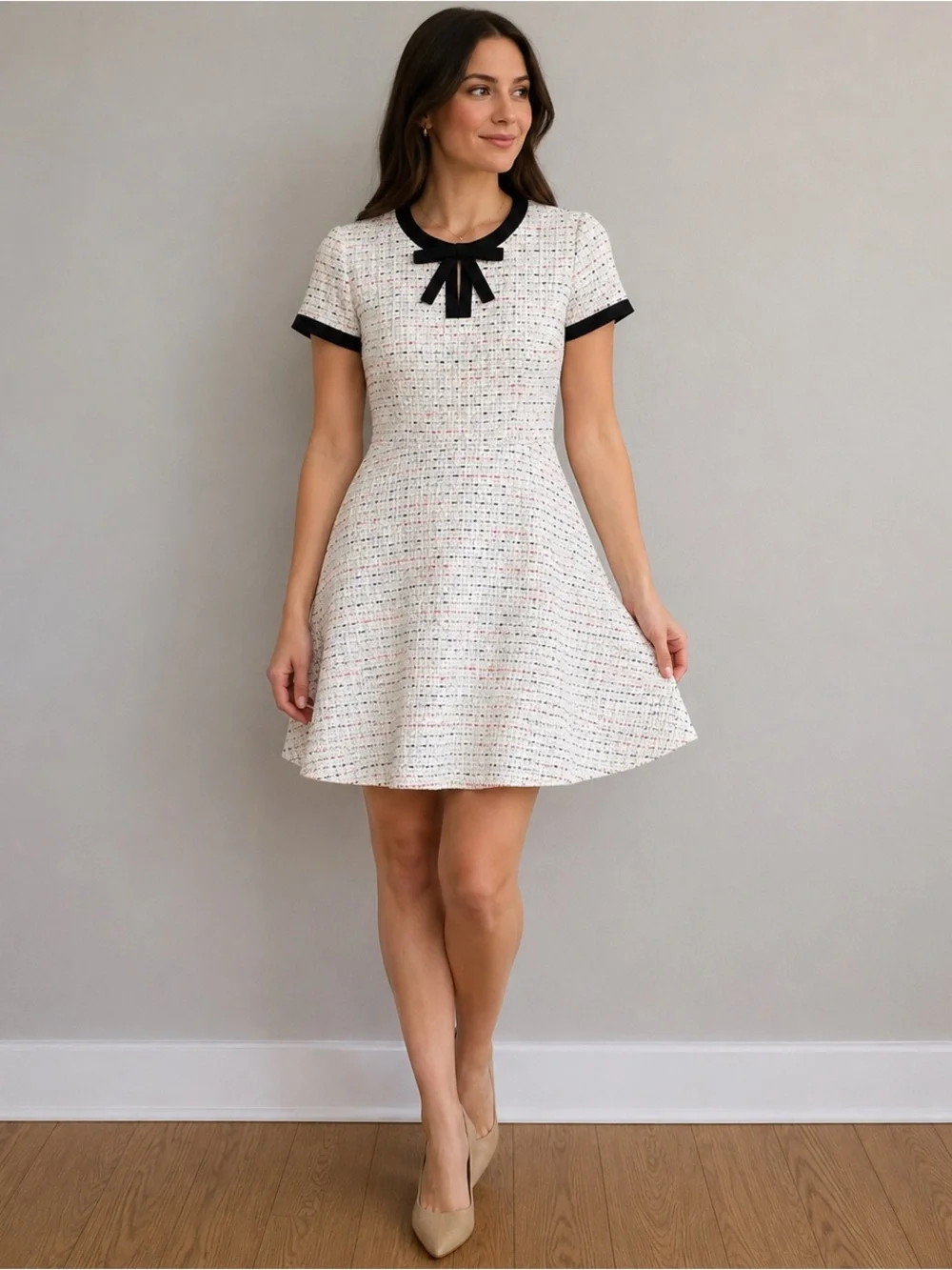 CeCe Tweed Bow Neck Fit Flare A-Line Dress 6 Coquette Preppy - Picture 2 of 16